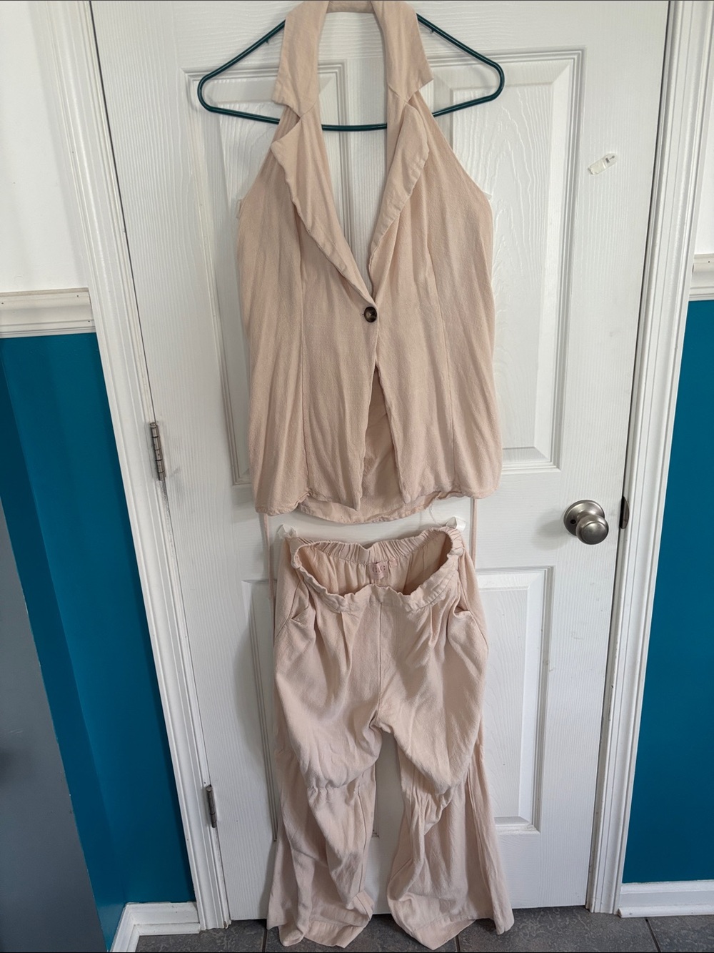 Good Luck Gem Beige Halter Top with Wide-Leg Pants Set